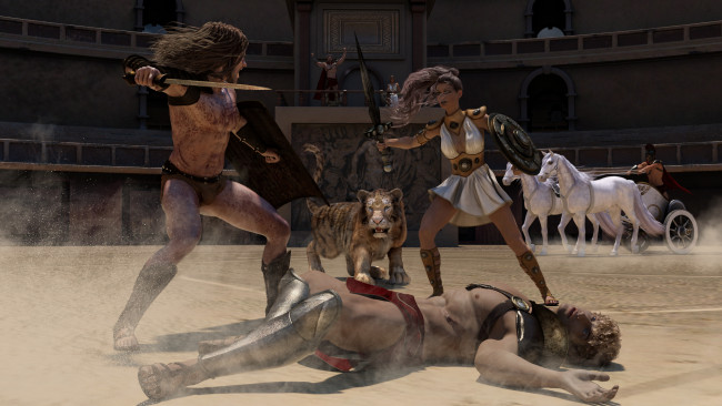 Обои картинки фото 3д графика, фантазия , fantasy, арена, бой, оружие, тигр