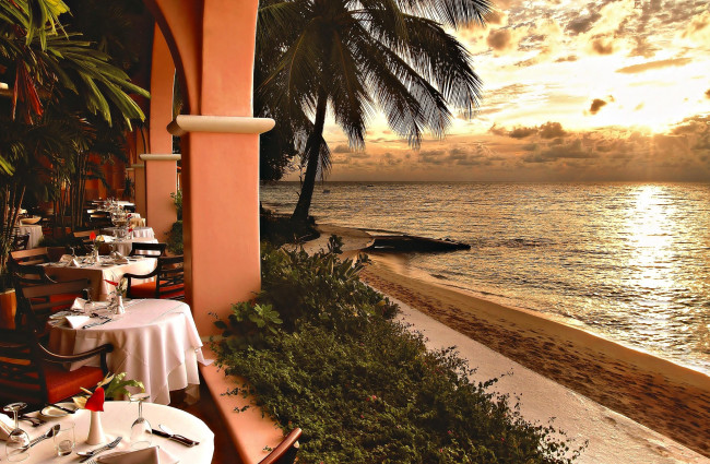 Обои картинки фото интерьер, кафе,  рестораны,  отели, закат, ресторан, пляж, море