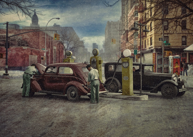 Обои картинки фото рисованное, авто, мото, автозаправка, 1930, люди, город, ретро, автомобили, зима