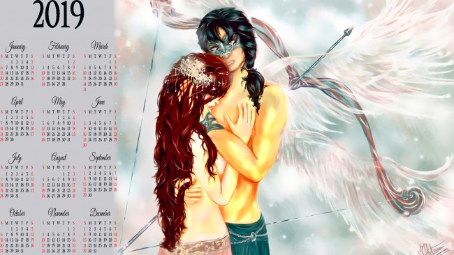 Обои картинки фото календари, фэнтези, эмоции, крылья, девушка, маска, мужчина