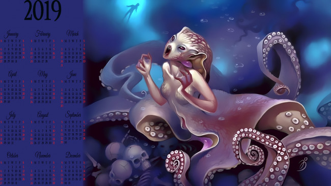Обои картинки фото календари, фэнтези, осьминог, череп, существо