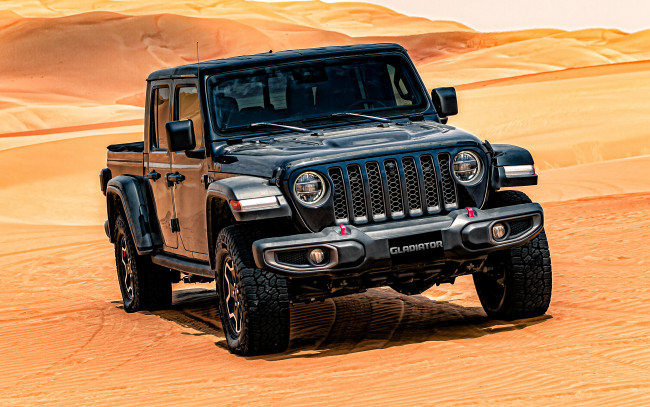 Обои картинки фото 2020 jeep gladiator, автомобили, jeep, gladiator, 2020, вид, спереди, экстерьер, внедорожник, новый, черный, пустыня, американские