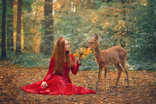 Обои картинки фото девушки, - рыжеволосые и разноцветные, осень, листья, рыженькая, олененок