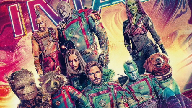 Обои картинки фото guardians of the galaxy vol,  3 ,  2023 , кино фильмы, -unknown , другое, cтражи, галактики, третья, часть, фантастика, боевик, комедия, крис, пратт, зои, салдана, дэйв, батиста, вин, дизель, брэдли, купер, карен, гиллан, drax, gamora, peter, quill, groot, rocket, nebula