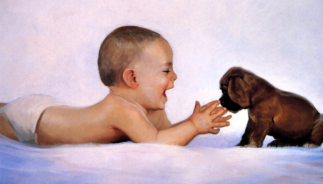 Обои картинки фото рисованное, donald zolan, ребенок, малыш, щенок