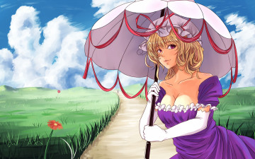 обоя аниме, touhou, лето, пейзаж, зонт, девушка, дорожка, цветы, облака