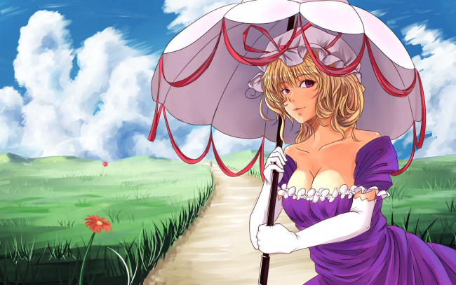 Обои картинки фото аниме, touhou, лето, пейзаж, зонт, девушка, дорожка, цветы, облака
