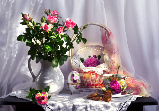 Картинка цветы розы букет чашка