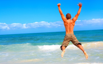 Картинка мужчины -+unsort спина прыжок позитив парень облака прибой волны море