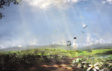 Картинка аниме *unknown+ другое свет ветер платье природа трава щляпа картина мольберт девушка лучи облака цветы небо