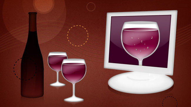 Обои картинки фото векторная графика, монитор, вино, бокал