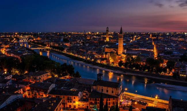 Обои картинки фото верона , италия, города, - огни ночного города, ночь, панорама