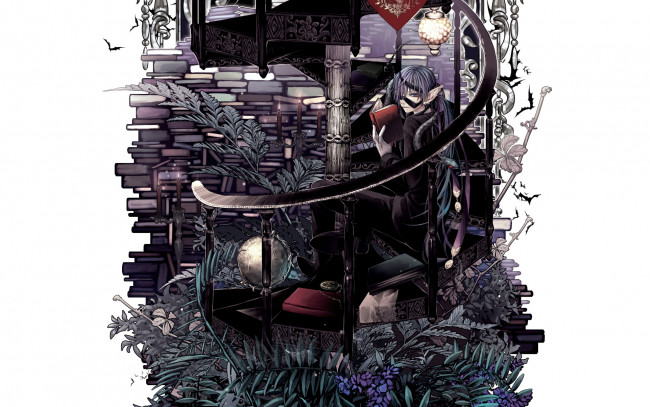Обои картинки фото аниме, -weapon,  blood & technology, книги, эльф, парень, растения, лестница