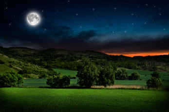 Картинка природа поля боке my planet звезды луна ночь пейзаж travel безмятежность деревья кустарники холмы зарево