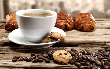 Картинка еда кофе +кофейные+зёрна печенье круассаны