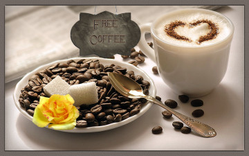 Картинка еда кофе +кофейные+зёрна сахар роза надпись зерна