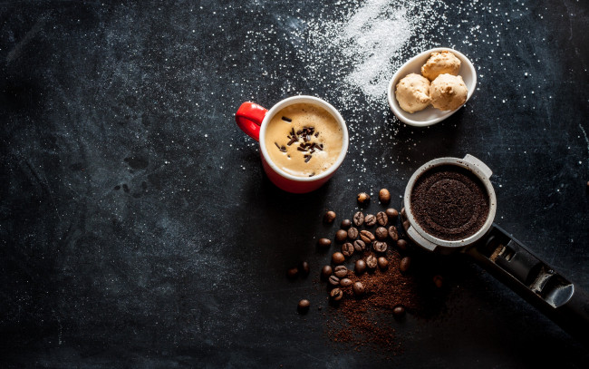 Обои картинки фото еда, кофе,  кофейные зёрна, сахар, молотый, печенье