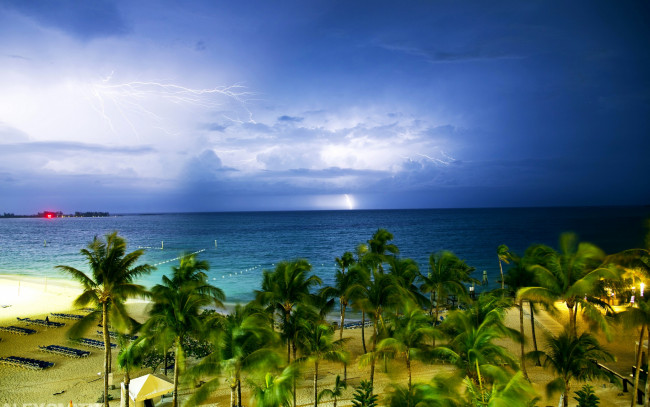 Обои картинки фото природа, молния,  гроза, горизонт, пальмы, пасмурно, молнии, песок, пляж, побережье, море, тропики, багамы, bahamas, тучи