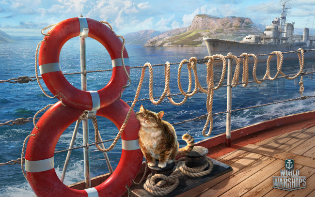 Обои картинки фото видео игры, world of warships, world, of, warship, поздравление, 8, марта, кот, веревка, спасательные, круги, палуба, корабли, море