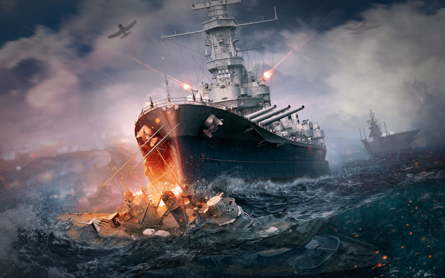 Обои картинки фото видео игры, world of warships, world, of, warship, брызги, бой, самолеты, море, корабли, таран, стрельба