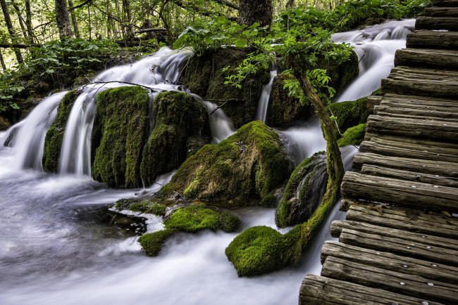 Обои картинки фото природа, водопады, лес, река, водопад