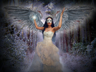 обоя фэнтези, ангелы, платье, крылья, девушка, фон, маска