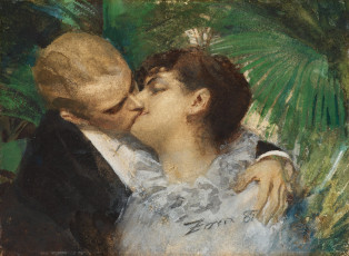 обоя anders leonard zorn - объятия, рисованное, живопись, нежность, поцелуй, пара