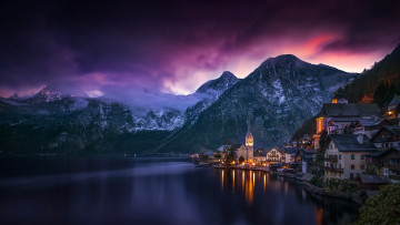 Картинка города -+панорамы горы хальштатт hallstatt австрия вечер озеро облака небо