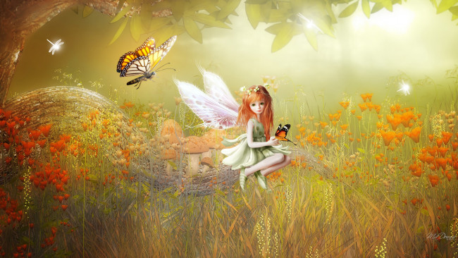 Обои картинки фото фэнтези, эльфы, девочка, взгляд, фон, бабочка