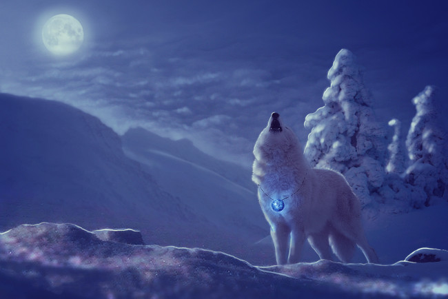 Обои картинки фото разное, компьютерный дизайн, волк, снег, вой, луна, фон