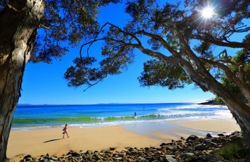 Картинка природа тропики море небо берег пляж камни деревья люди