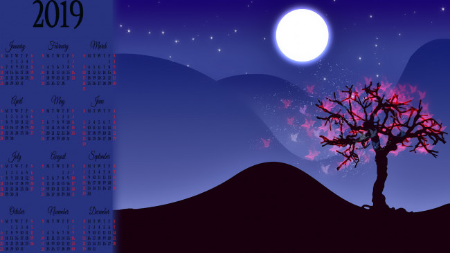 Обои картинки фото календари, рисованные,  векторная графика, ночь, луна, бабочка, дерево