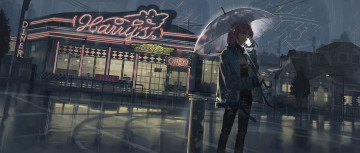 обоя аниме, unknown,  другое , девушка, зонт, дождь, магазин, стоянка