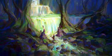Картинка фэнтези существа водопад лес камни