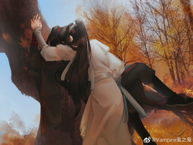Обои картинки фото аниме, mo dao zu shi, лань, ванцзи, вэй, усянь, поцелуй, дерево