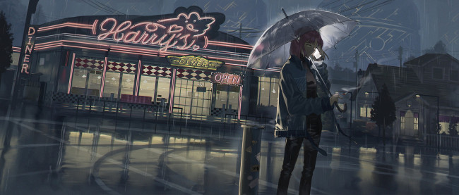 Обои картинки фото аниме, unknown,  другое , девушка, зонт, дождь, магазин, стоянка