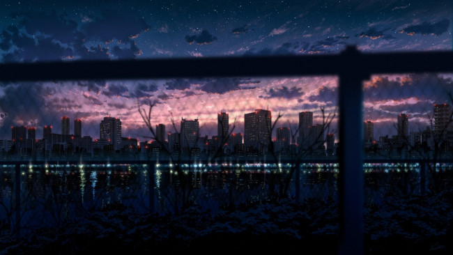 Обои картинки фото аниме, город,  улицы,  интерьер,  здания, огни, забор, озеро, небо, закат