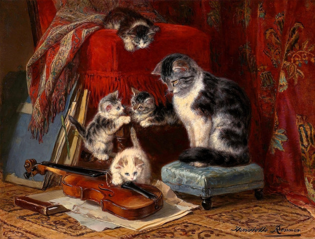 Обои картинки фото рисованное, henriette ronner-knip, кошка, котята, скрипка, пуфик