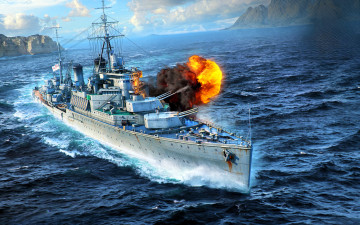 обоя видео игры, world of warships, корабль, огонь, выстрел, море, скалы