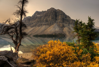 обоя bow, lake, alberta, canada, природа, горы, банф, озеро, боу, альберта, канада, кусты, crowfoot, mountain, banff, national, park