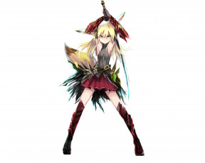 Картинка аниме -weapon +blood+&+technology арт девушка хвосты ушки белый фон меч оружие взгляд
