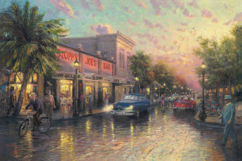 обоя key west, рисованные, thomas kinkade, город, бар, улица, пальмы, вечер