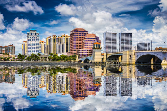 обоя уэст-палм-бич  флорида, города, - улицы,  площади,  набережные, florida, west, palm, beach, река, небоскребы, небо