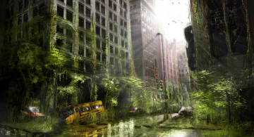 Картинка фэнтези иные+миры +иные+времена здание арт улица автобус город апокалипсис