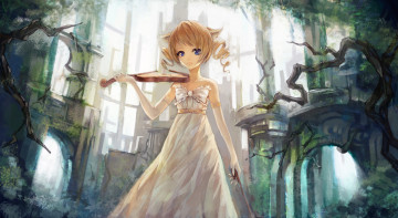 Картинка аниме -headphones+&+instrumental девушка рыжая скрипка взгляд арт растения