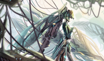 обоя аниме, -weapon,  blood & technology, девушка, арт, игра, синие, волосы, крылья, робот