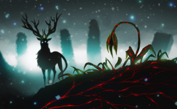 Картинка фэнтези существа alexiuss мрак силуэт рога здание снег руины олень ночь арт романтика апокалипсиса животное цветок