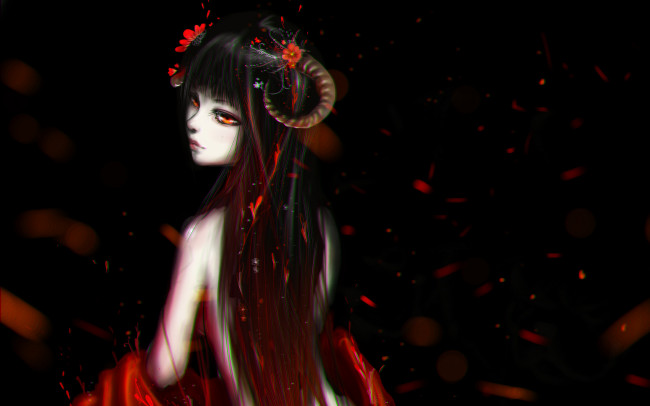 Обои картинки фото фэнтези, демоны, девушка, демон, цветы, рога