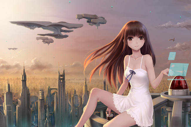 Обои картинки фото аниме, -weapon,  blood & technology, корабли, шатенка, город, девушка, взгляд, арт, небо
