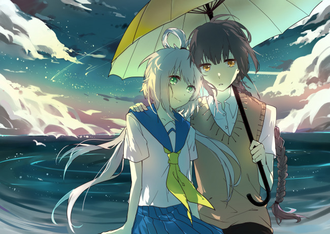 Обои картинки фото аниме, vocaloid, небо, облака, парень, девушка, арт, luo, tianyi, зонт, птицы, косички